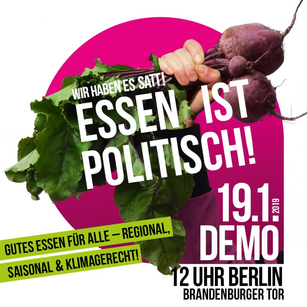 Plakat von "Wir haben es satt": Faust mit roten Beten, Überschrift: Essen ist politisch!