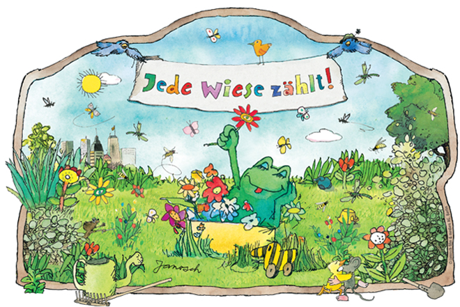 Janoschfiguren auf einer bunten Wiese, darüber ein Schild mit der Aufschrift "Jede Wiese zählt!"